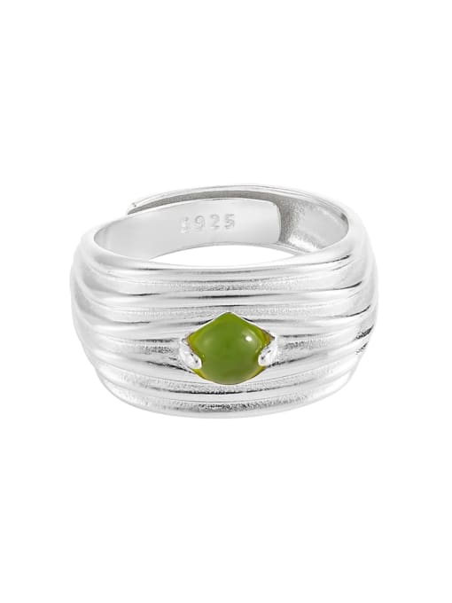 Platinum [Green Stone Style] 925 Sterling Silver Natural Stone Geometric Vintage Band Ring